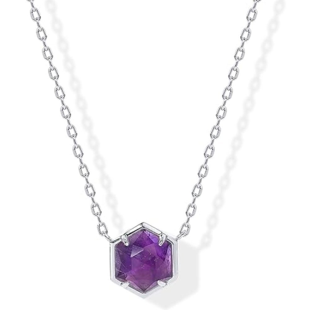 14K White Gold Amethyst Gemstone Pendant Necklace Dainty Chain - Picture 1 of 2